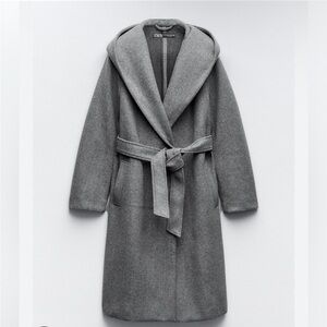 Zara Soft Gray Charcoal Belted Hooded Coat Like new Large
